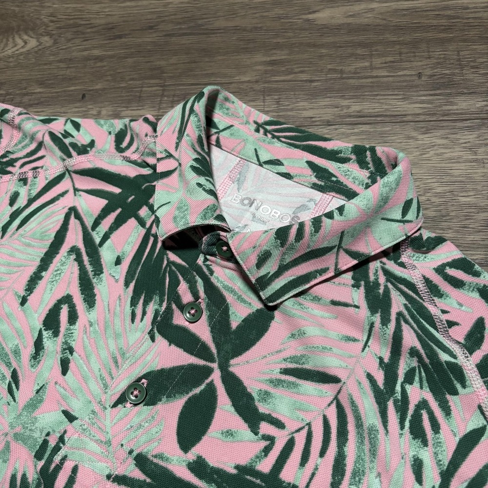 Bonobos Golf Polo Shirt Mens‎ Medium Pink Tropical Leaf Print Slim Fit Stretch